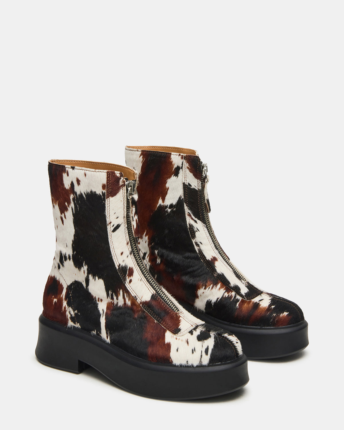 JONES Brown Cow Print Zipper Lug Women's Ankle Boot | Steve Madden New