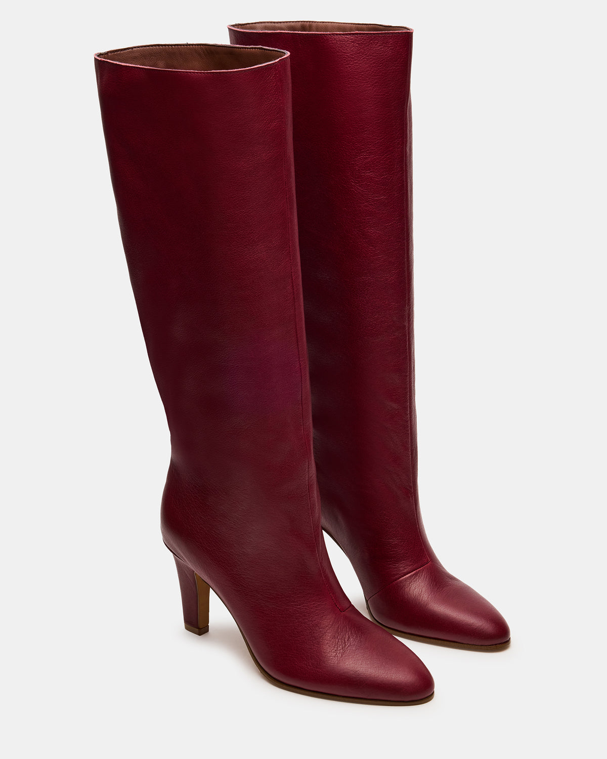 RIZK Burgundy Leather Knee-High Rounded Toe Heeled Women's Boot | Steve Madden Great Value