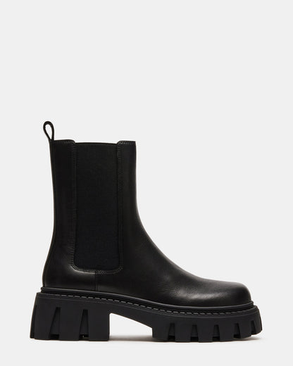 CHARGES Black Leather Platform Bootie | Women's Booties | Steve Madden Best Seller