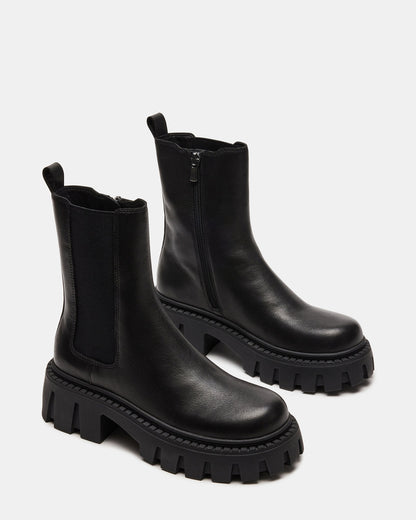 CHARGES Black Leather Platform Bootie | Women's Booties | Steve Madden Best Seller