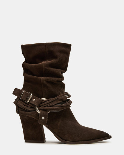 LAUPER Dark Taupe Suede Pointed-Toe Heeled Buckle Women's Ankle Boot | Steve Madden Special Offer