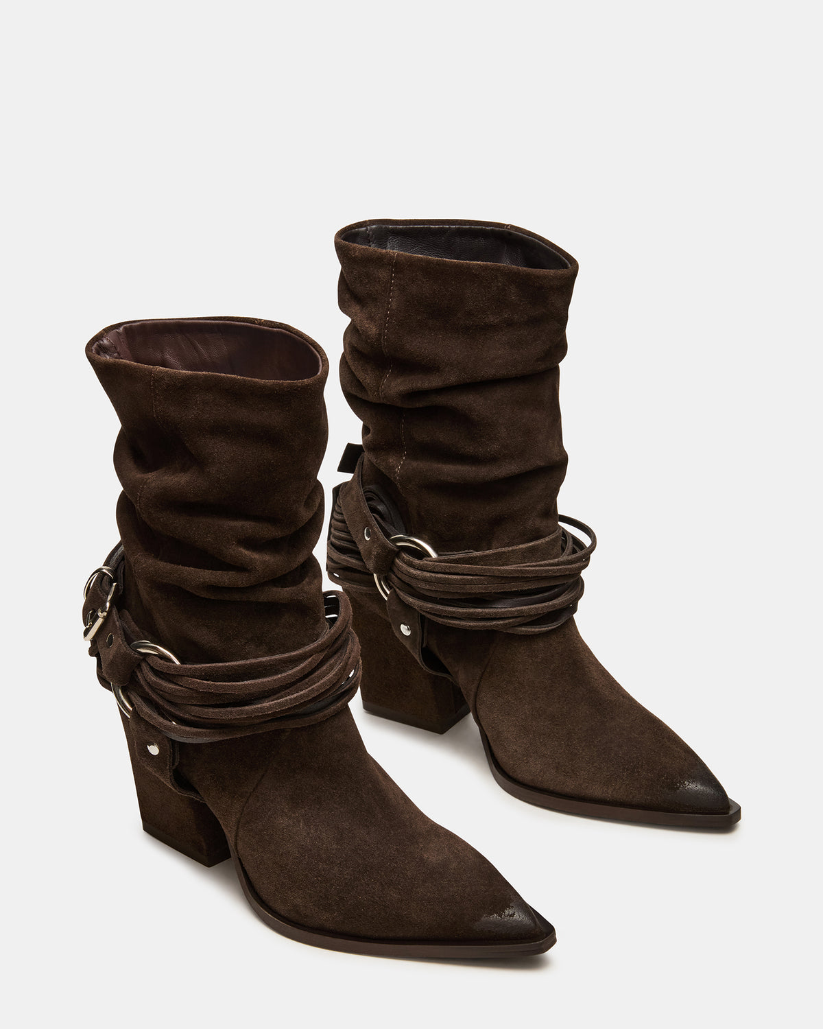 LAUPER Dark Taupe Suede Pointed-Toe Heeled Buckle Women's Ankle Boot | Steve Madden Special Offer