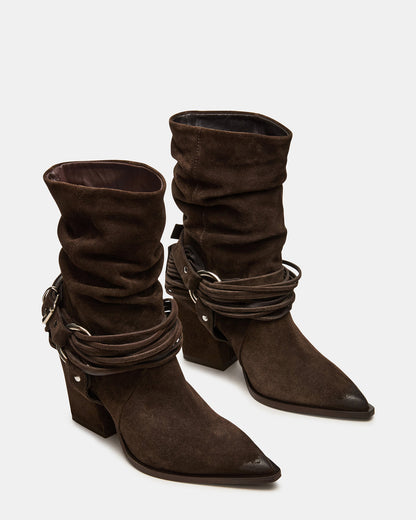 LAUPER Dark Taupe Suede Pointed-Toe Heeled Buckle Women's Ankle Boot | Steve Madden Special Offer