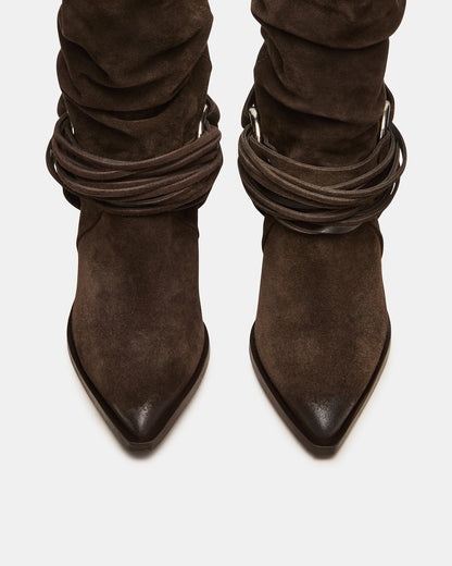 LAUPER Dark Taupe Suede Pointed-Toe Heeled Buckle Women's Ankle Boot | Steve Madden Special Offer