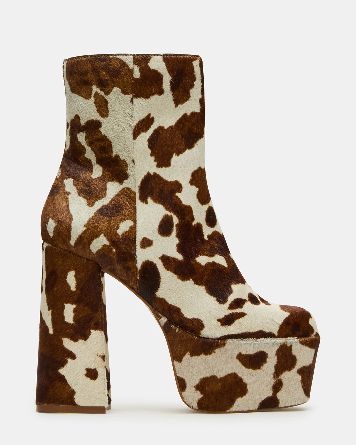 TRILLION Brown Cow Print Platform Square-Toe Block Heel Women's Ankle Boot | Steve Madden Latest