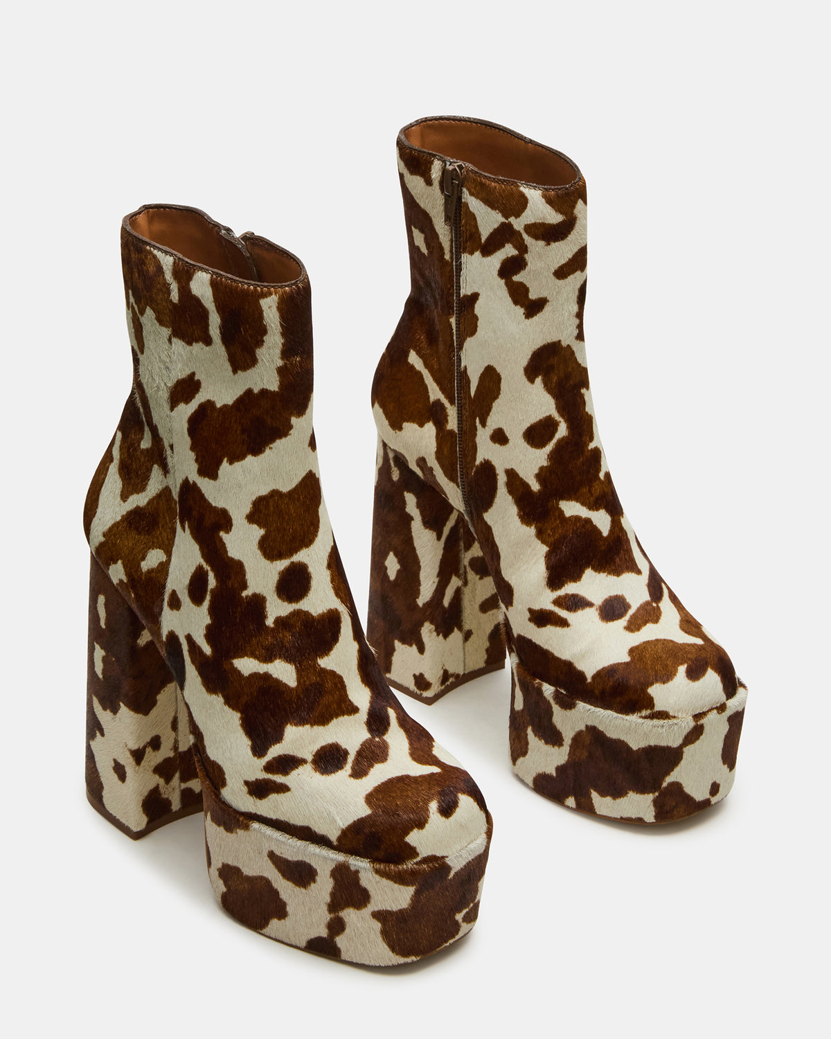 TRILLION Brown Cow Print Platform Square-Toe Block Heel Women's Ankle Boot | Steve Madden Latest