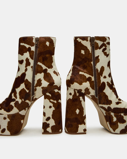 TRILLION Brown Cow Print Platform Square-Toe Block Heel Women's Ankle Boot | Steve Madden Latest