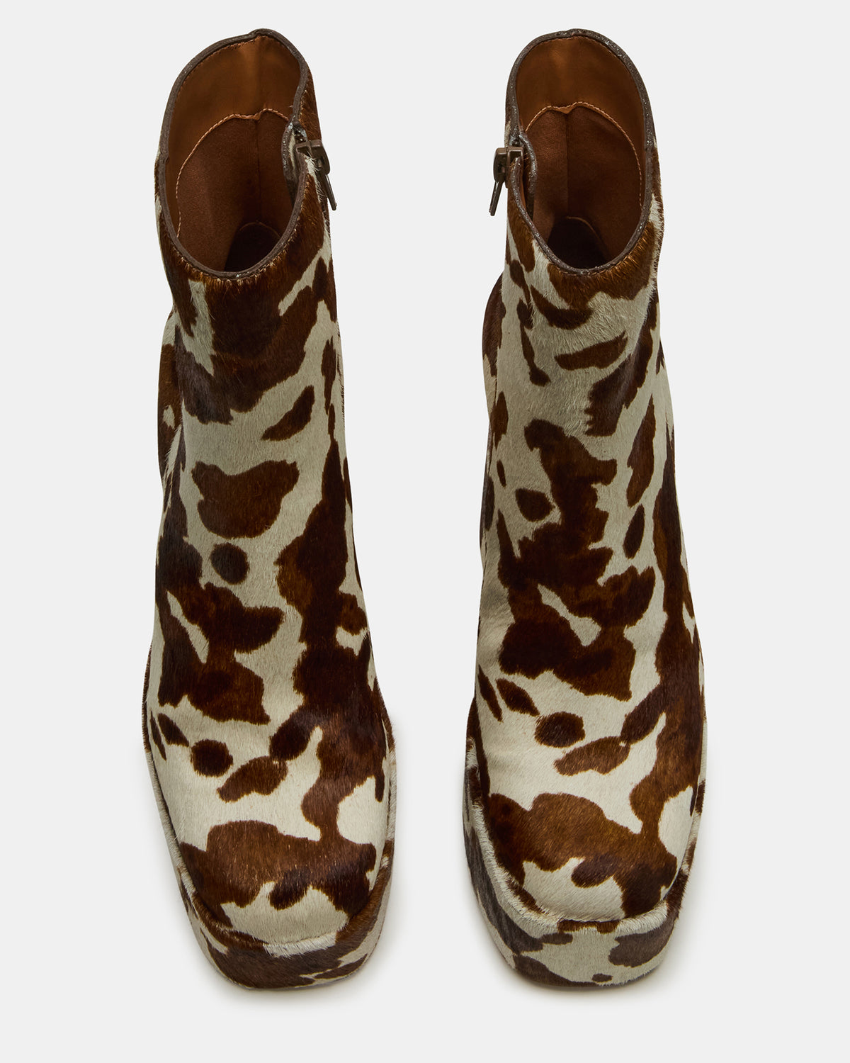TRILLION Brown Cow Print Platform Square-Toe Block Heel Women's Ankle Boot | Steve Madden Latest