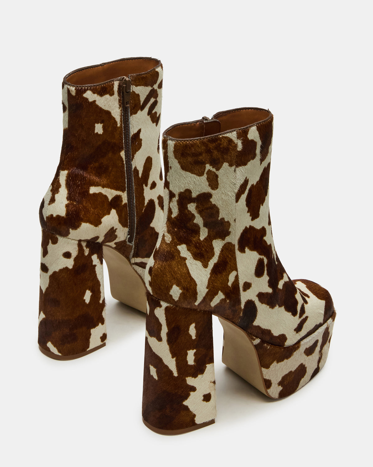 TRILLION Brown Cow Print Platform Square-Toe Block Heel Women's Ankle Boot | Steve Madden Latest