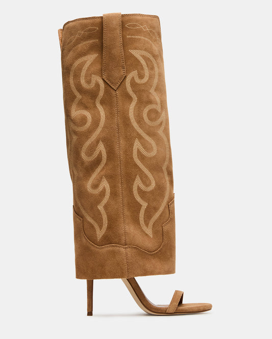 RAVINE Western Tan Suede Knee-High Cuffed Stiletto Heel Women's Boot | Steve Madden Trending
