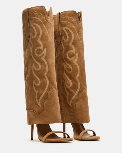 RAVINE Western Tan Suede Knee-High Cuffed Stiletto Heel Women's Boot | Steve Madden Trending