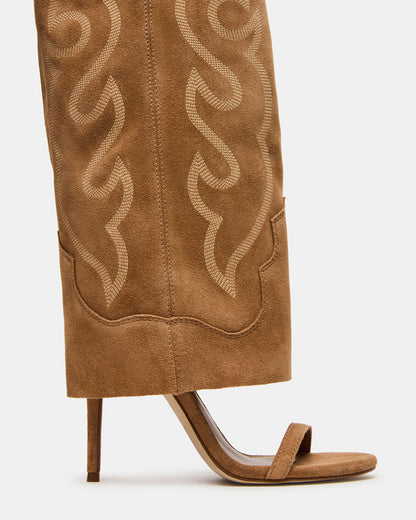 RAVINE Western Tan Suede Knee-High Cuffed Stiletto Heel Women's Boot | Steve Madden Trending