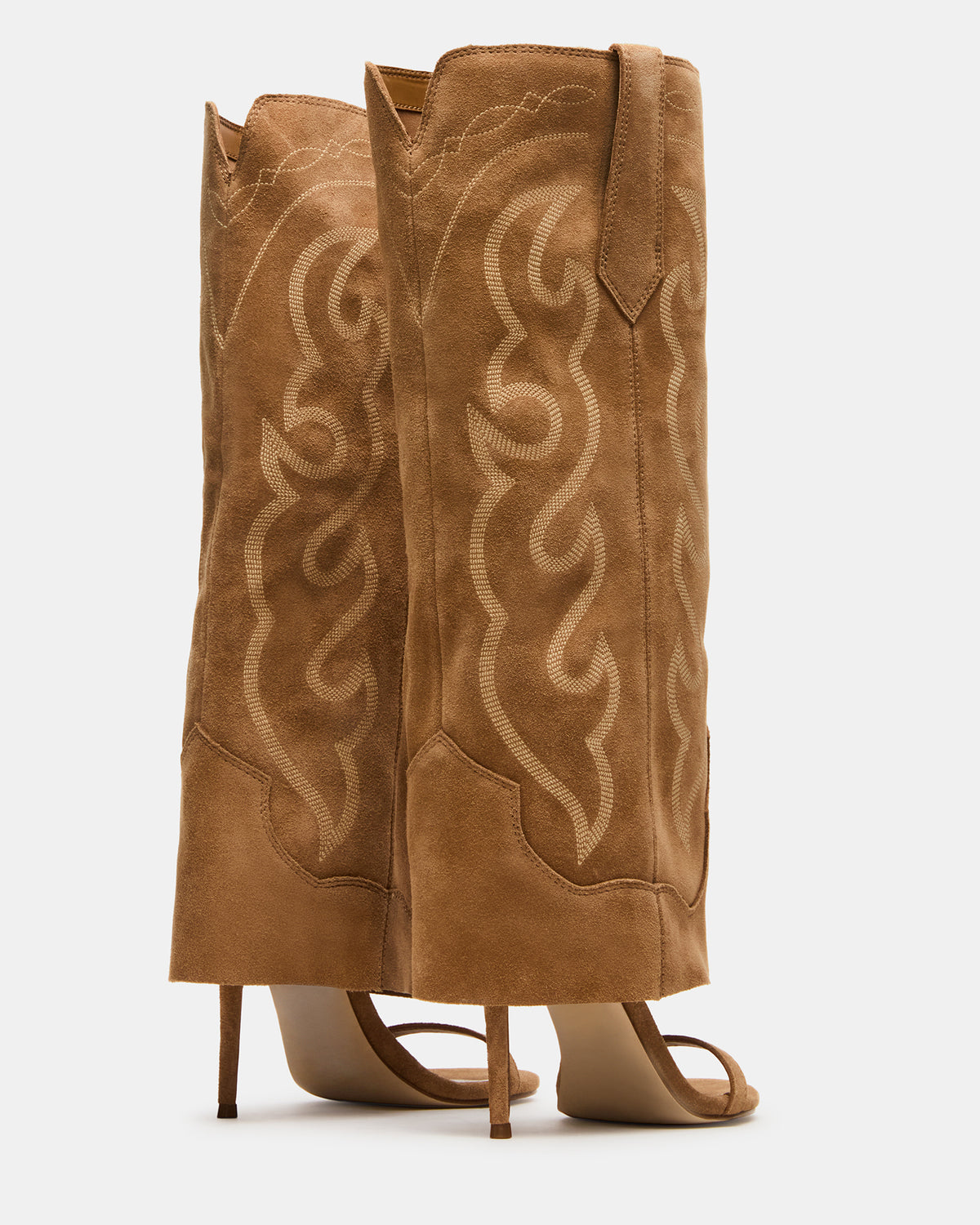 RAVINE Western Tan Suede Knee-High Cuffed Stiletto Heel Women's Boot | Steve Madden Trending