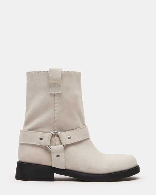 LANI White Suede Women's Moto Ankle Boot | Steve Madden Classic