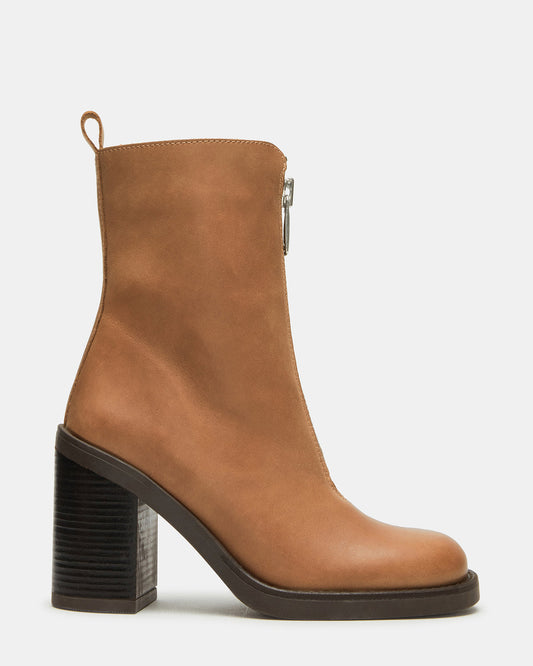 DECLAN Cognac Leather Block Heeled Ankle Boot | Women's Booties | Steve Madden Discount