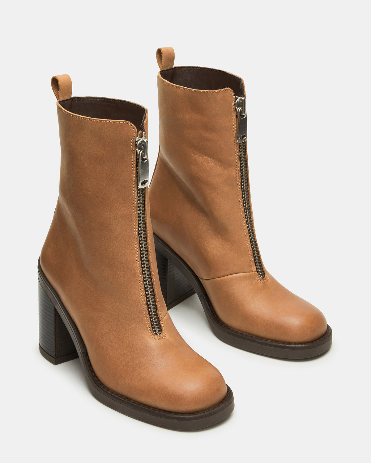 DECLAN Cognac Leather Block Heeled Ankle Boot | Women's Booties | Steve Madden Discount