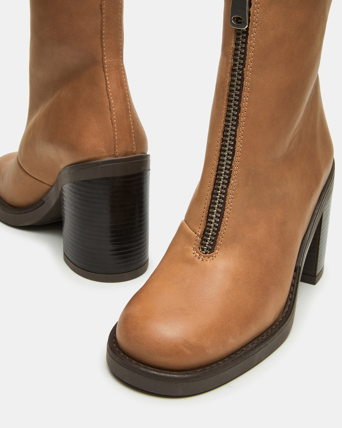 DECLAN Cognac Leather Block Heeled Ankle Boot | Women's Booties | Steve Madden Discount