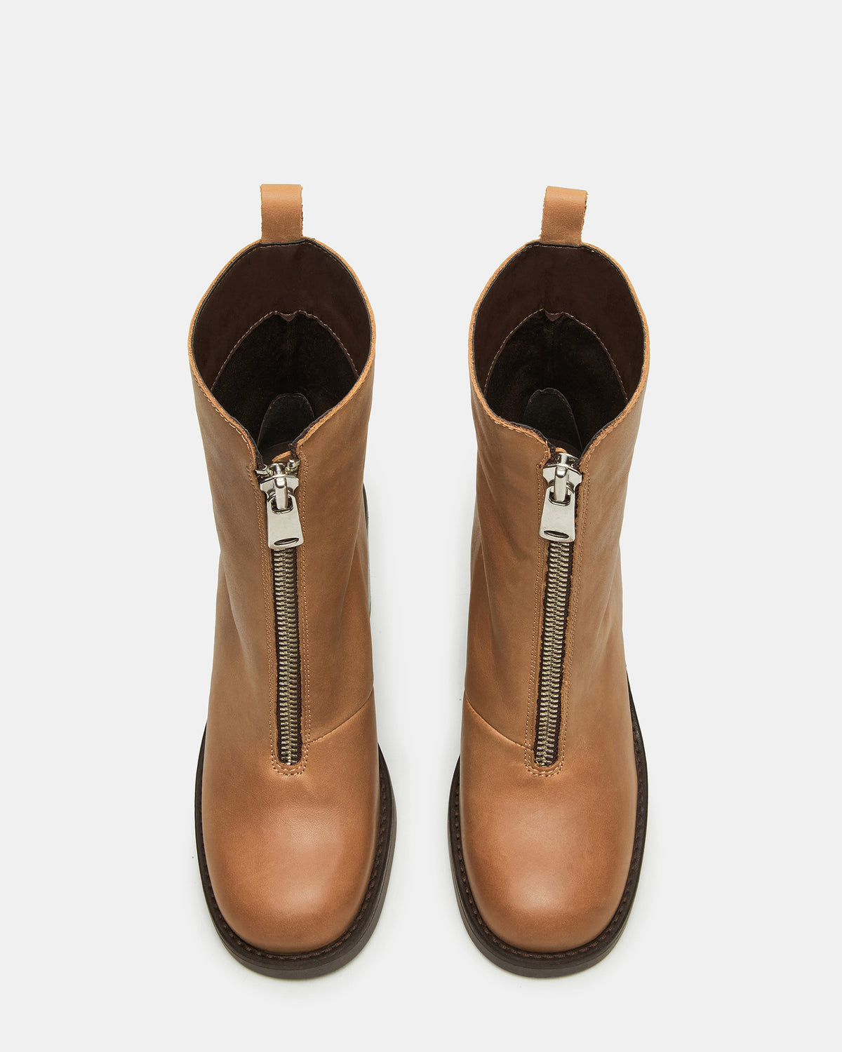DECLAN Cognac Leather Block Heeled Ankle Boot | Women's Booties | Steve Madden Discount