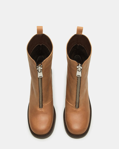 DECLAN Cognac Leather Block Heeled Ankle Boot | Women's Booties | Steve Madden Discount