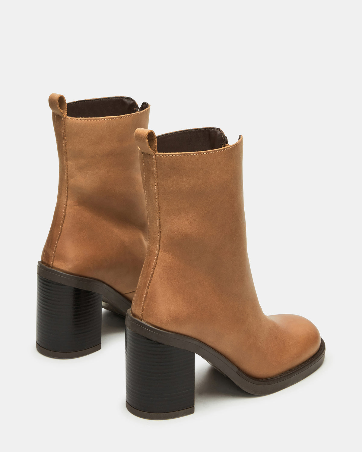 DECLAN Cognac Leather Block Heeled Ankle Boot | Women's Booties | Steve Madden Discount