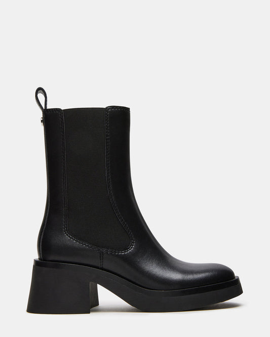 MURRAY Black Leather Block Heel Ankle Boot | Women's Booties | Steve Madden Deals