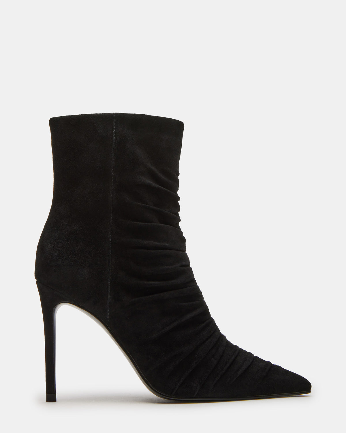 TEASE Black Suede Ruched Pointed Toe Ankle Boot | Women's Booties | Steve Madden Latest