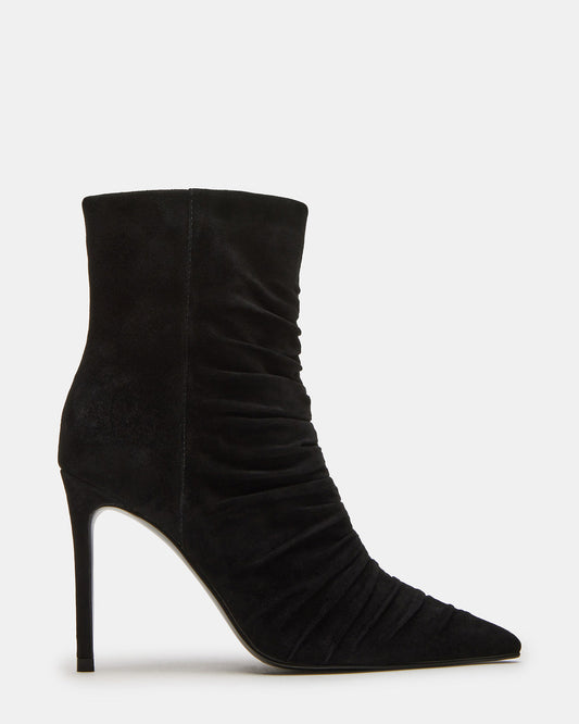 TEASE Black Suede Ruched Pointed Toe Ankle Boot | Women's Booties | Steve Madden Latest
