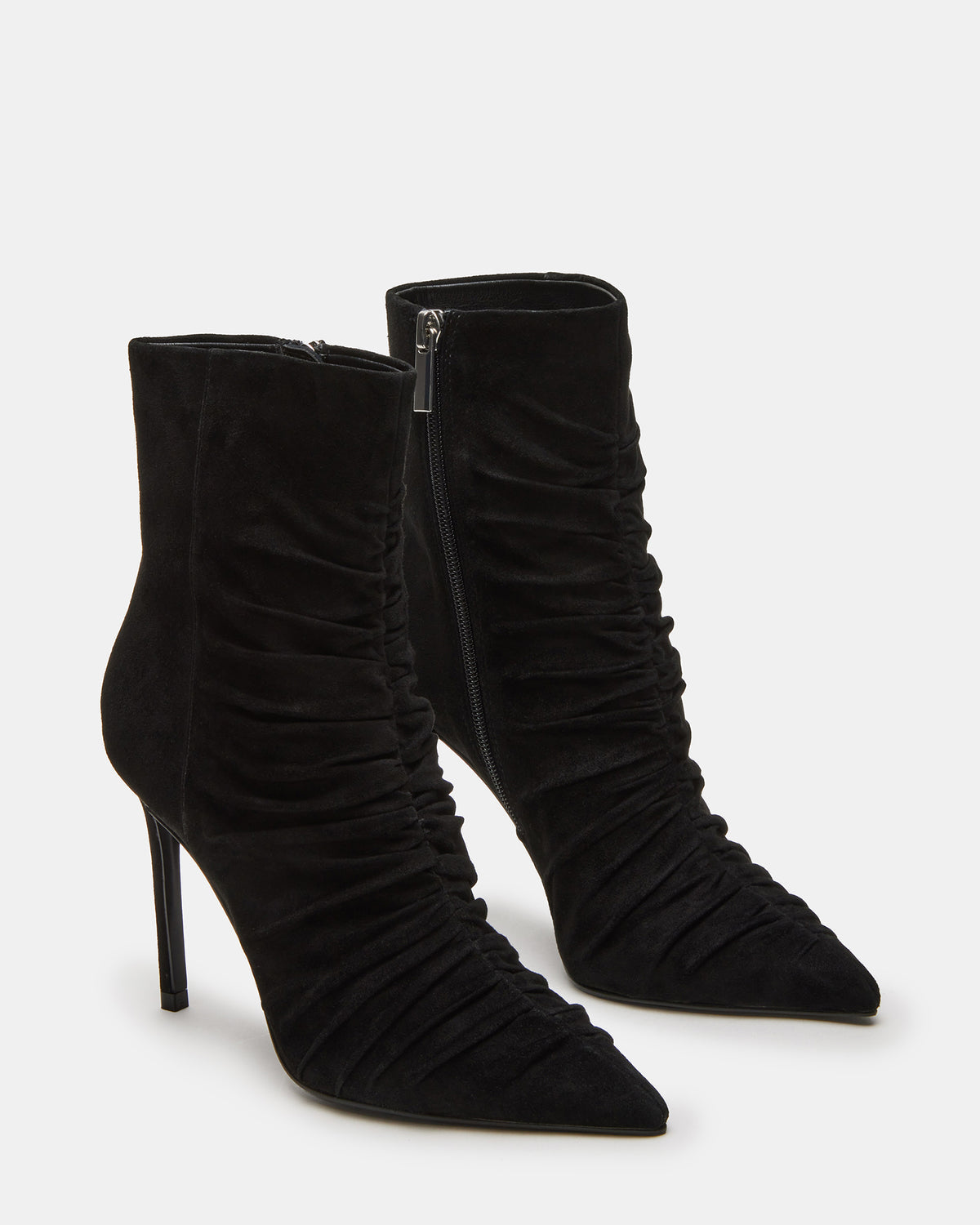 TEASE Black Suede Ruched Pointed Toe Ankle Boot | Women's Booties | Steve Madden Latest
