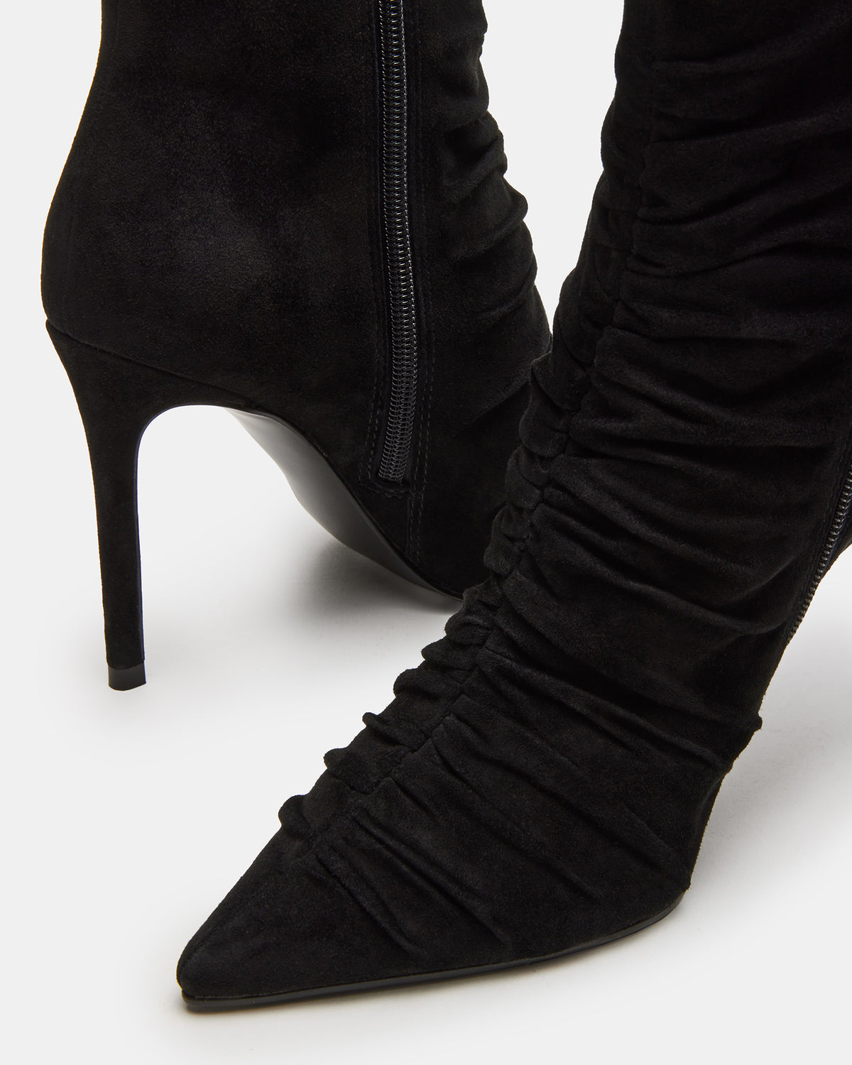 TEASE Black Suede Ruched Pointed Toe Ankle Boot | Women's Booties | Steve Madden Latest