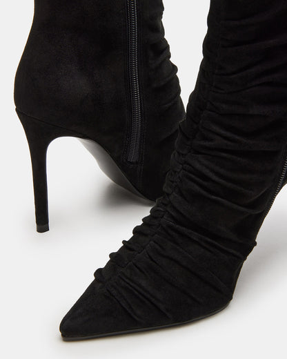 TEASE Black Suede Ruched Pointed Toe Ankle Boot | Women's Booties | Steve Madden Latest