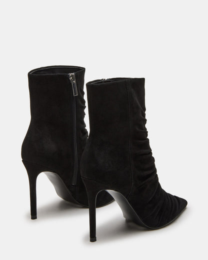 TEASE Black Suede Ruched Pointed Toe Ankle Boot | Women's Booties | Steve Madden Latest