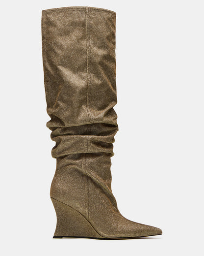 DISTORTION Gold Glitter Pointed-Toe Scrunched Knee-High Wedge Women's Boot | Steve Madden Trusted