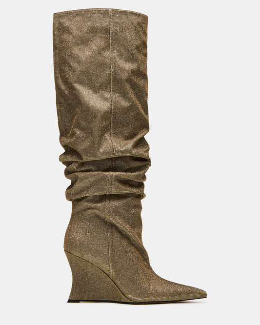 DISTORTION Gold Glitter Pointed-Toe Scrunched Knee-High Wedge Women's Boot | Steve Madden Trusted