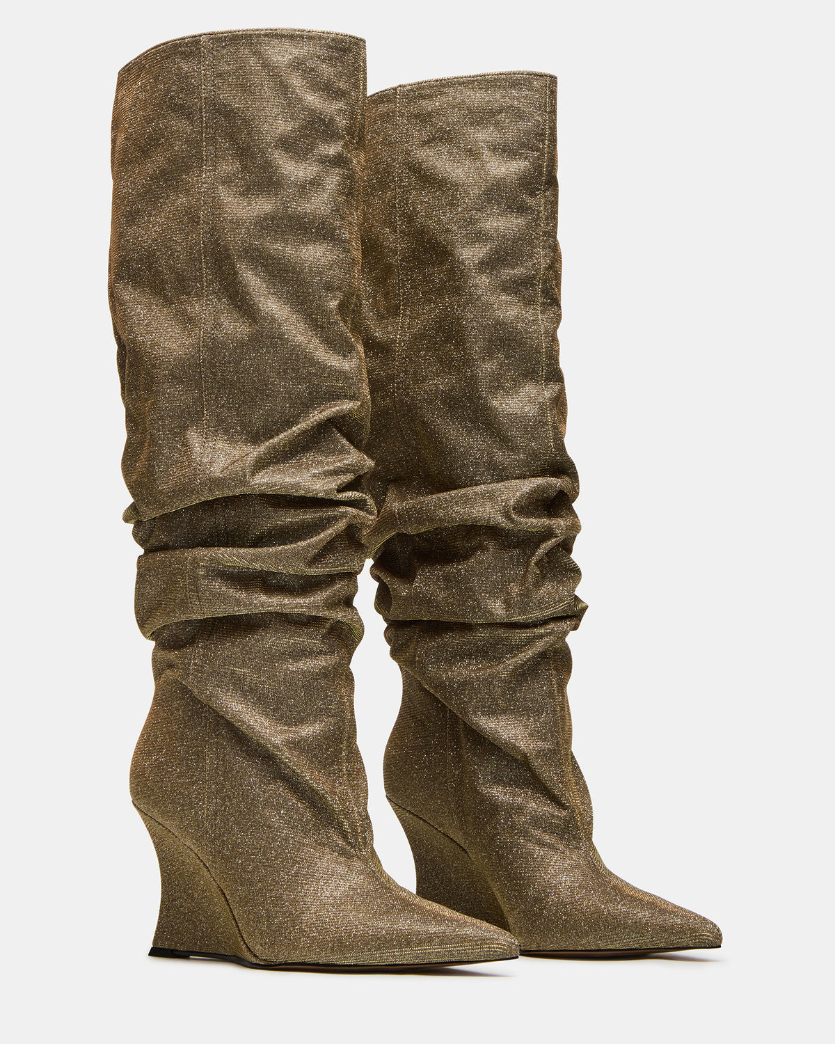 DISTORTION Gold Glitter Pointed-Toe Scrunched Knee-High Wedge Women's Boot | Steve Madden Trusted