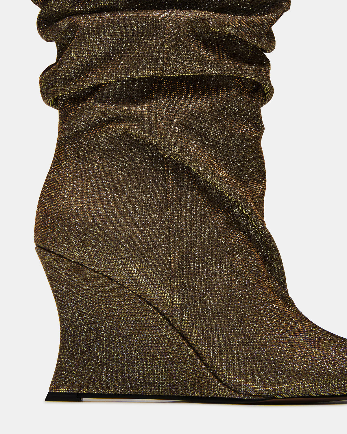 DISTORTION Gold Glitter Pointed-Toe Scrunched Knee-High Wedge Women's Boot | Steve Madden Trusted