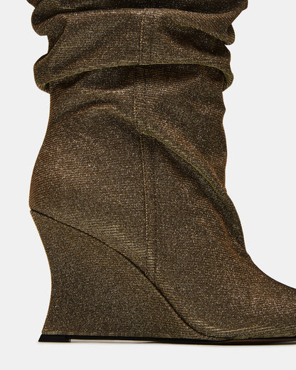 DISTORTION Gold Glitter Pointed-Toe Scrunched Knee-High Wedge Women's Boot | Steve Madden Trusted