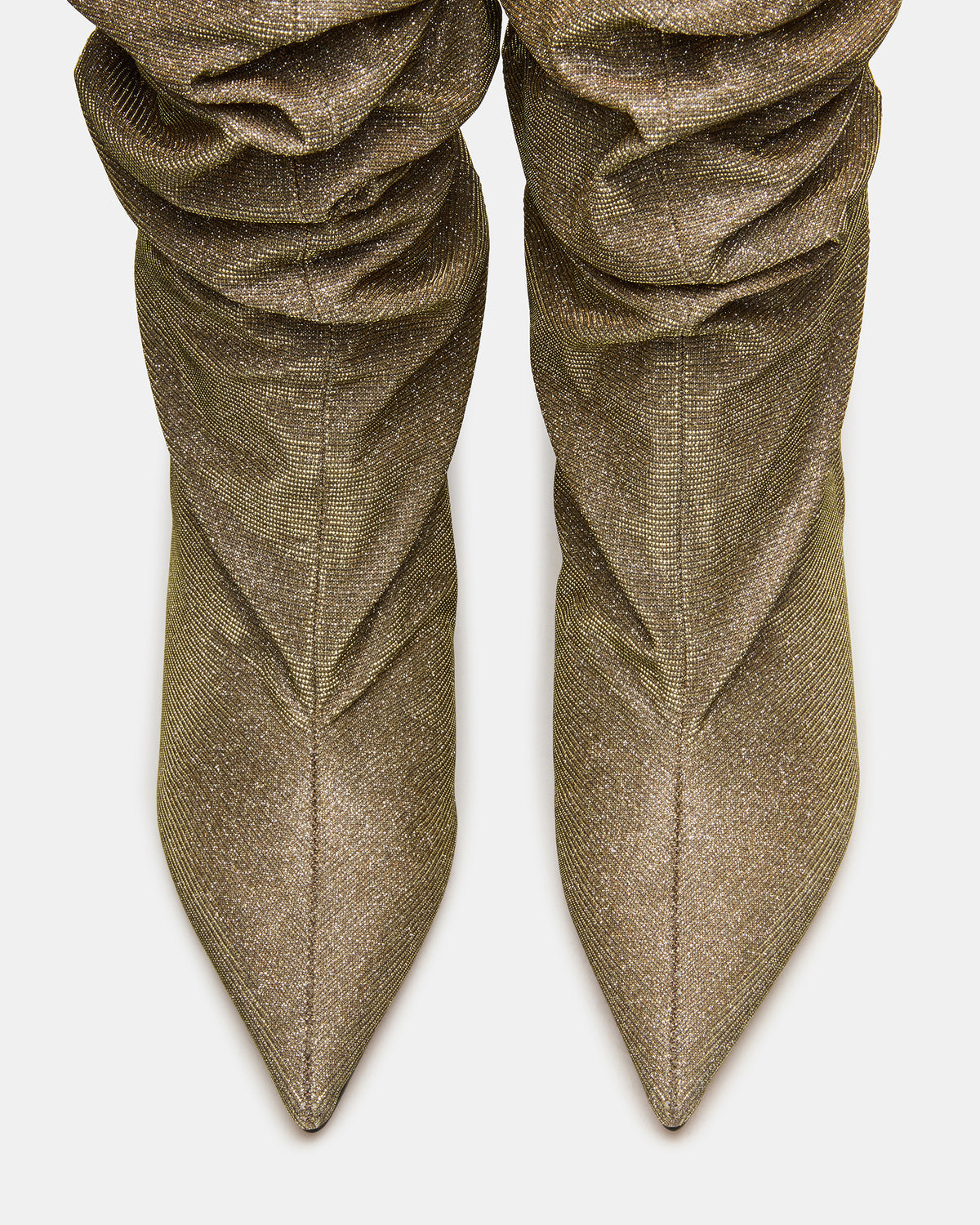 DISTORTION Gold Glitter Pointed-Toe Scrunched Knee-High Wedge Women's Boot | Steve Madden Trusted