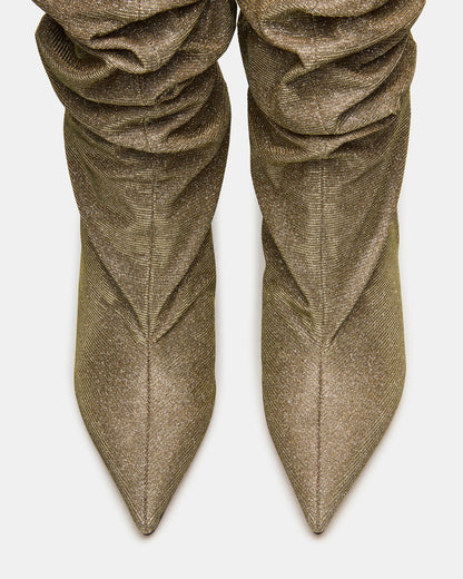 DISTORTION Gold Glitter Pointed-Toe Scrunched Knee-High Wedge Women's Boot | Steve Madden Trusted