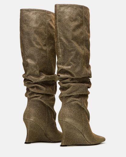 DISTORTION Gold Glitter Pointed-Toe Scrunched Knee-High Wedge Women's Boot | Steve Madden Trusted