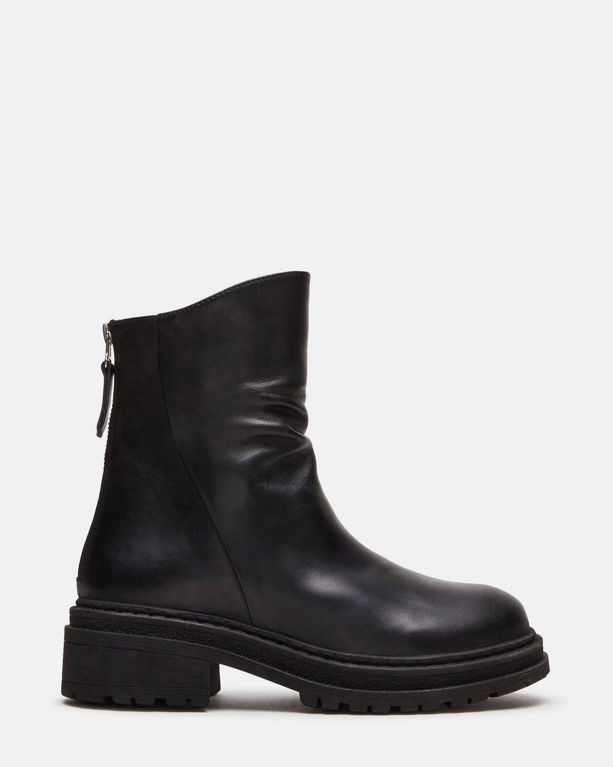 ESSENTIAL Black Leather Scrunched Ankle Boot | Women's Booties | Steve Madden Great Value