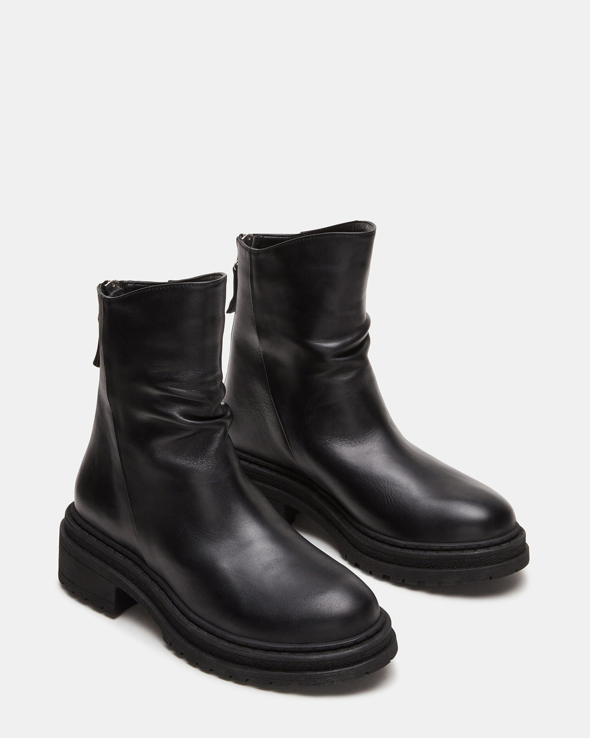 ESSENTIAL Black Leather Scrunched Ankle Boot | Women's Booties | Steve Madden Great Value