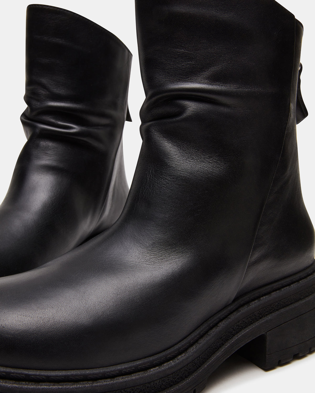ESSENTIAL Black Leather Scrunched Ankle Boot | Women's Booties | Steve Madden Great Value