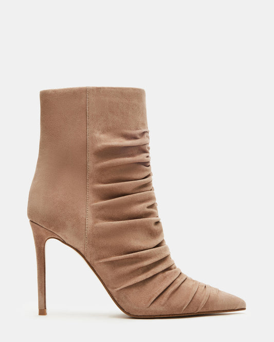 TEASE Taupe Suede Ruched Pointed Toe Ankle Boot | Women's Booties | Steve Madden Deals