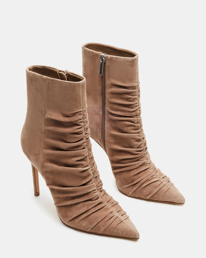 TEASE Taupe Suede Ruched Pointed Toe Ankle Boot | Women's Booties | Steve Madden Deals
