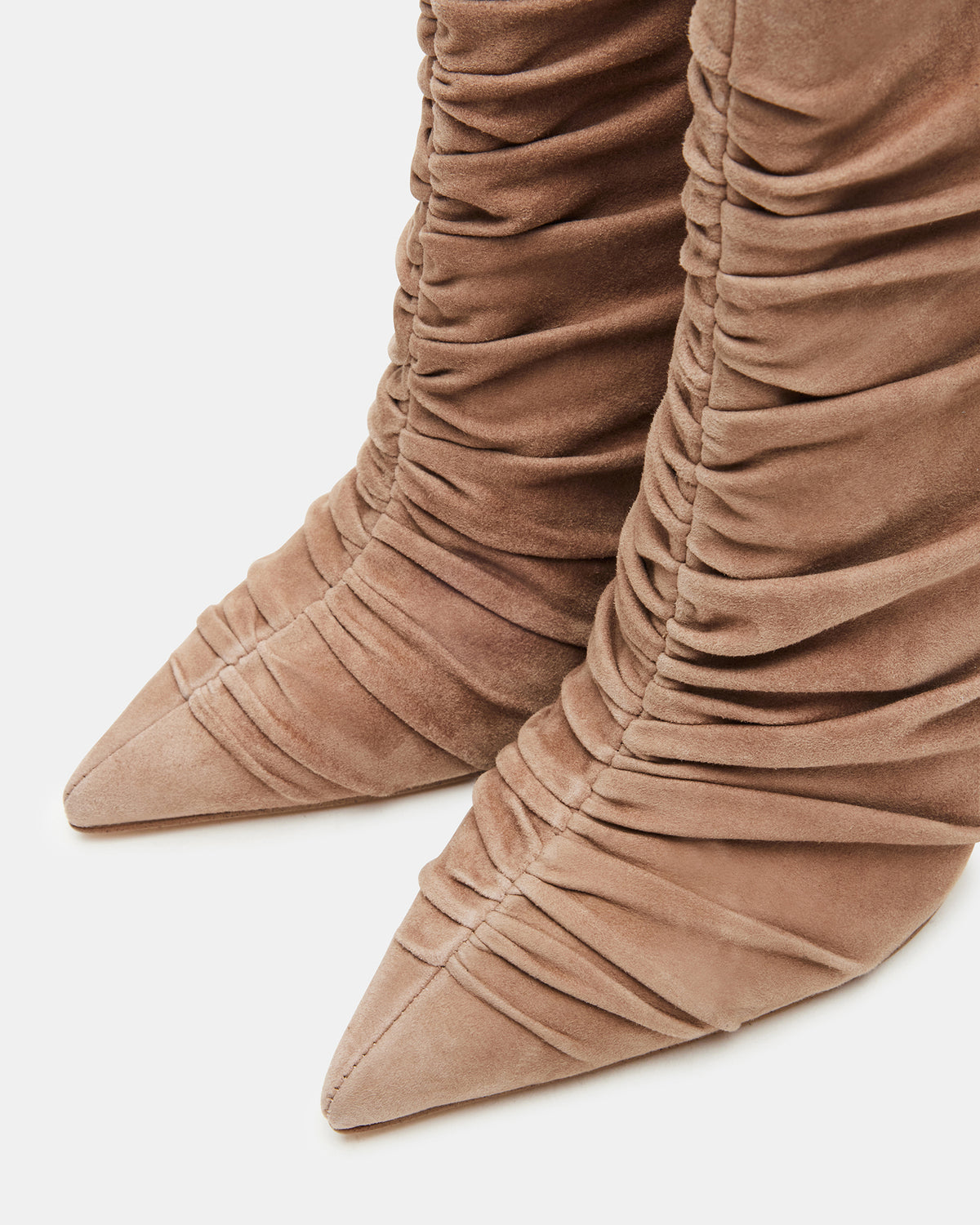 TEASE Taupe Suede Ruched Pointed Toe Ankle Boot | Women's Booties | Steve Madden Deals