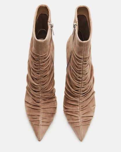 TEASE Taupe Suede Ruched Pointed Toe Ankle Boot | Women's Booties | Steve Madden Deals