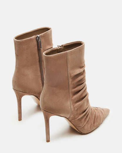 TEASE Taupe Suede Ruched Pointed Toe Ankle Boot | Women's Booties | Steve Madden Deals