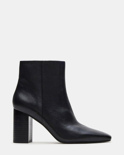 AIDAN Black Leather Block Heel Ankle Boot | Women's Booties | Steve Madden Everyday