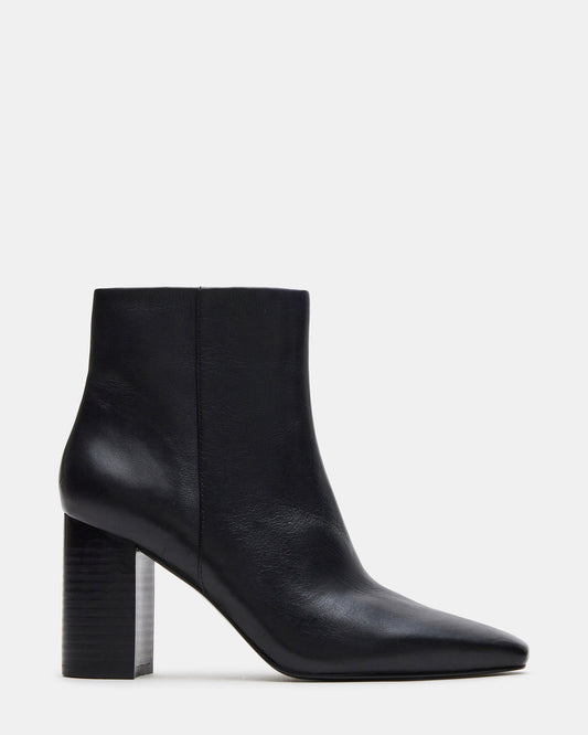 AIDAN Black Leather Block Heel Ankle Boot | Women's Booties | Steve Madden Everyday