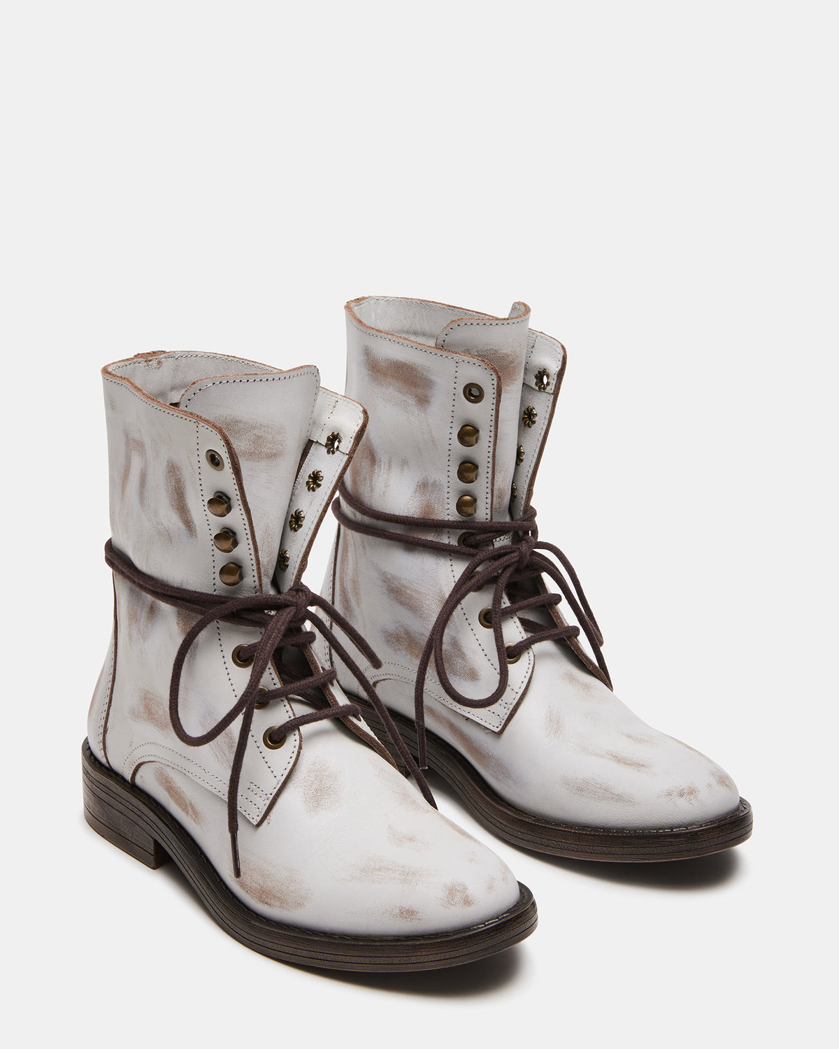 DEVIE White Leather Lace-Up Combat Bootie | Women's Booties | Steve Madden Hot Sale